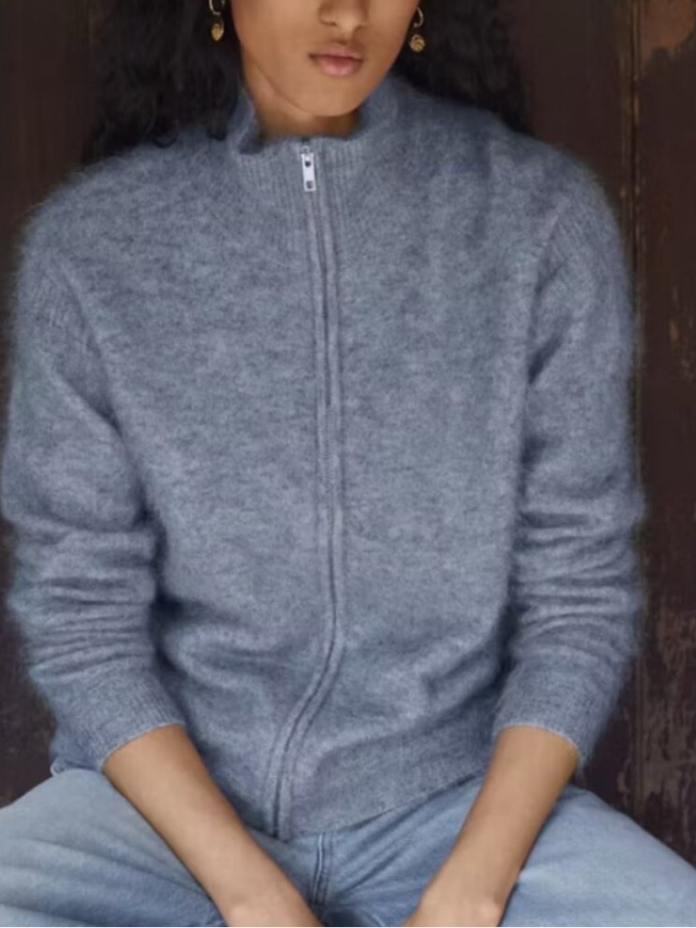 Wrap London Full Zip Cardigan Sweater Mohair Merino Wool Blue Slate Sz 4